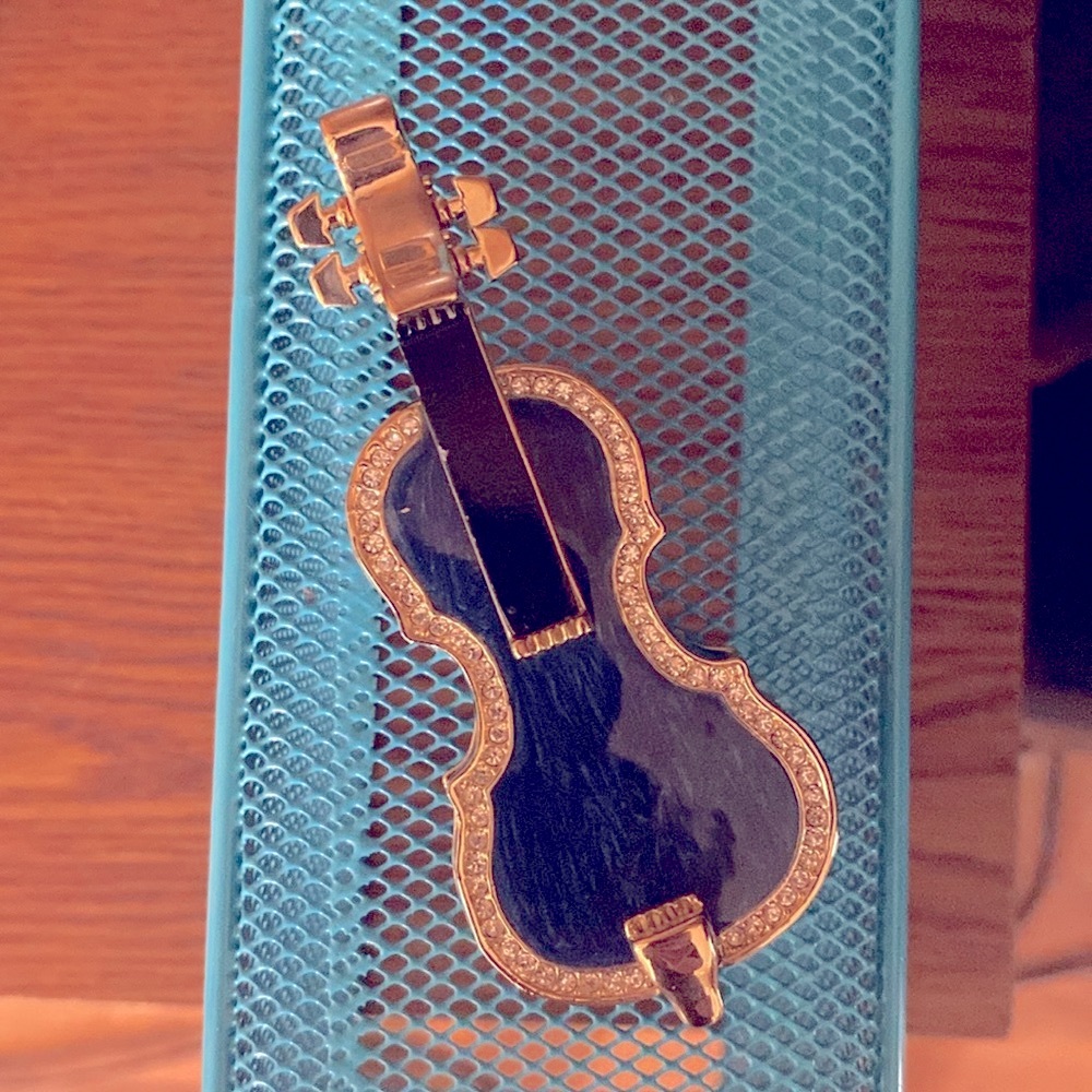 SALE! 🎻 Sparkling Vintage Blue & Gold Violin Hinged Metal Trinket Box 🎻